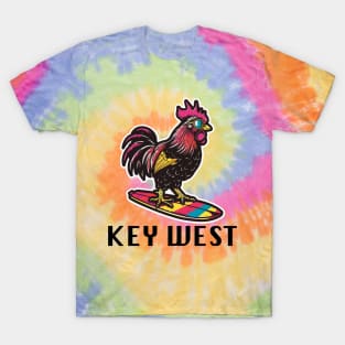 Key West Florida - Surfing Rooster (with Black Lettering) T-Shirt